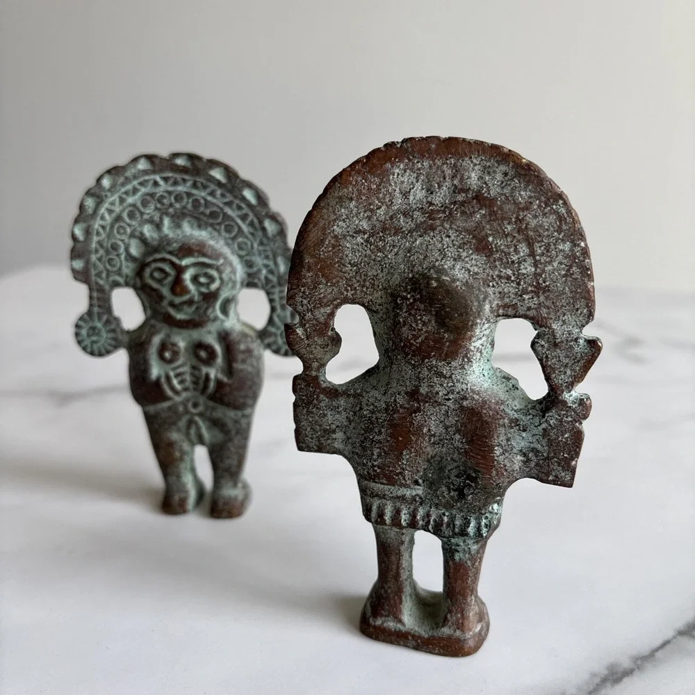 VTG Peruvian Bronze Naylamp Figurines - Rare Double Sided Janiform Sican Pair
